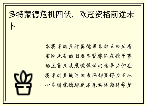 多特蒙德危机四伏，欧冠资格前途未卜